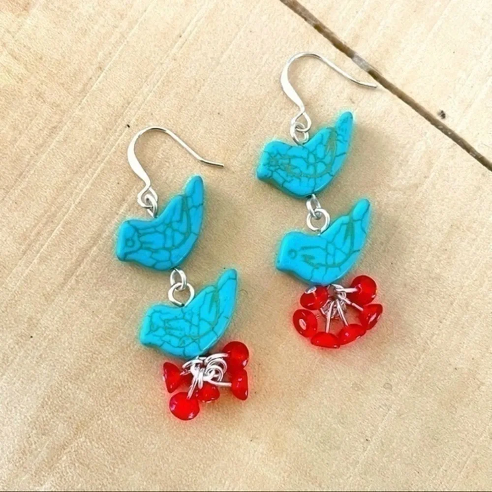 2/$29 Handmade Bird Statement Earring 2” Turquoise Magnesite Spring Blue Red